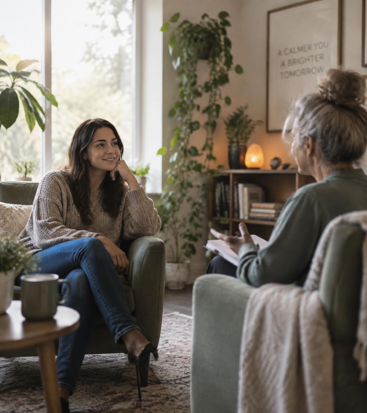 A therapist and client in warm, natural conversation in a sunlit room
